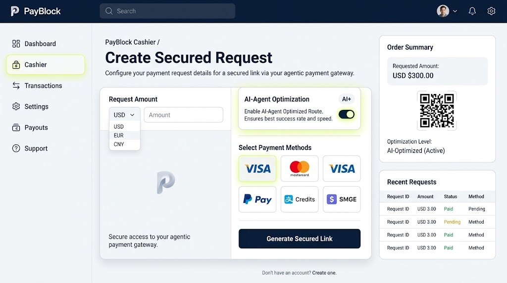 PayBlock cashier for creating a secured payment request with AI-agent optimization and multiple payment methods